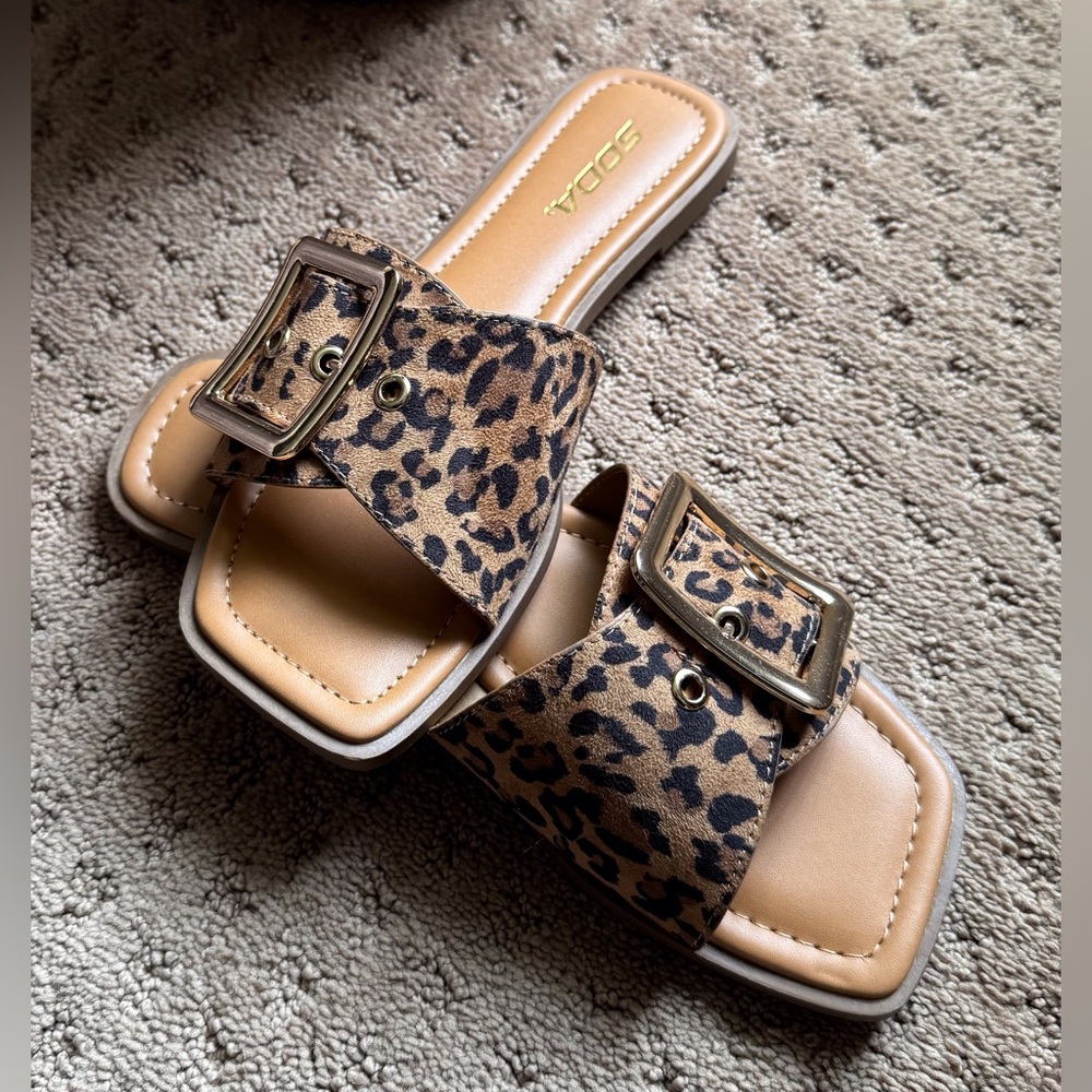 SODA Leopard Print Slide Sandals with Buckle - Tan/Black - Picture 2 of 3